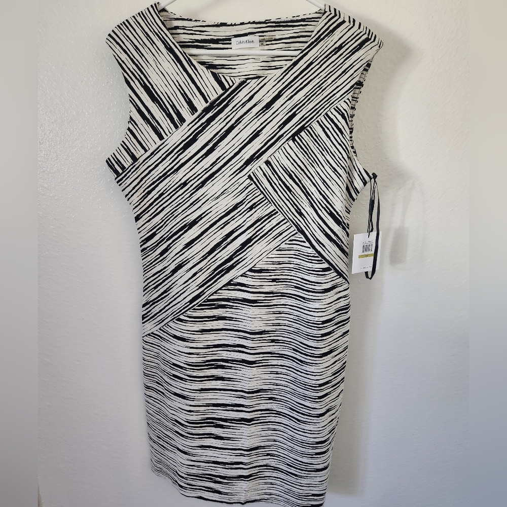 Calvin Klein Black & White Criss Cross Stripes Dress - Size 14